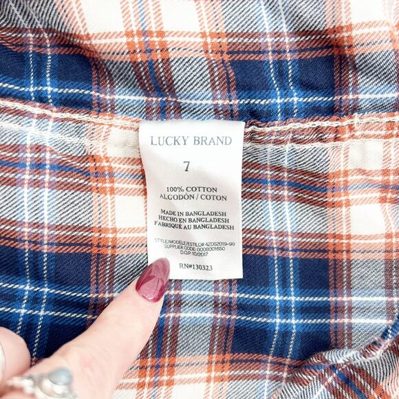 Lucky Brand Kids Boys Orange Blue Flannel Plaid Button Down Shirt Size 7 - Picture 4 of 4
